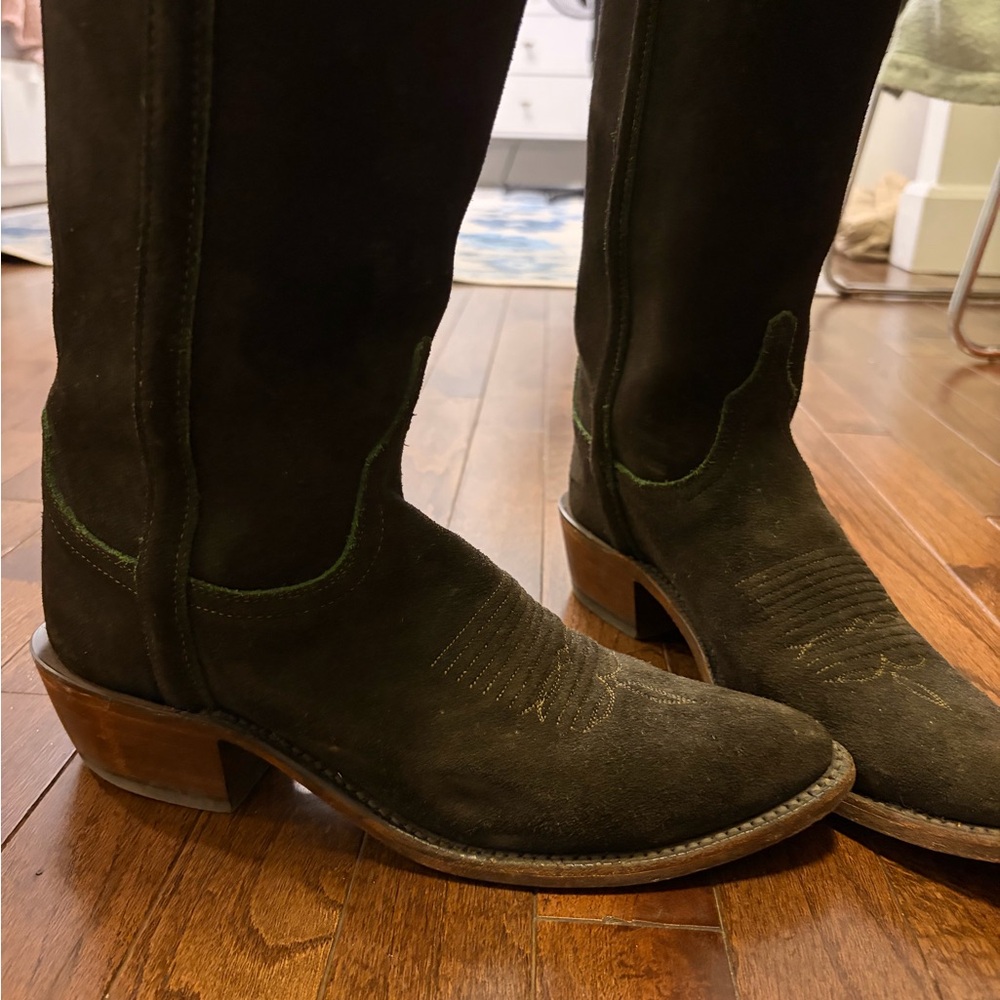 Lucchese Dark Brown Suede Edie boots with Green Stitching - Picture 4 of 11